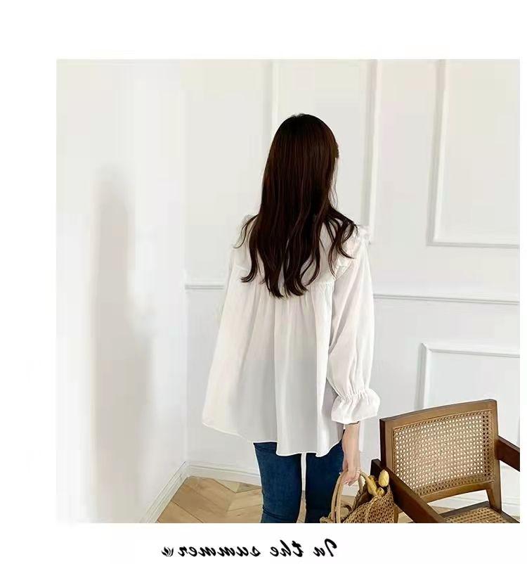 Product Introduction of Blaus longgar gaya Korea yang elegan untuk bayi, baju putih berlipat lengan panjang dengan leher bulat untuk wanita, Musim bunga Dusty Pink 22