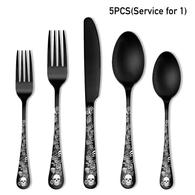 Gothic Style Flatware Set, 5/25pcs Skull & Rose Pattern Flatware Set, Stainless Steel Cutlery Set, Tableware Set for Home Kitchen 8