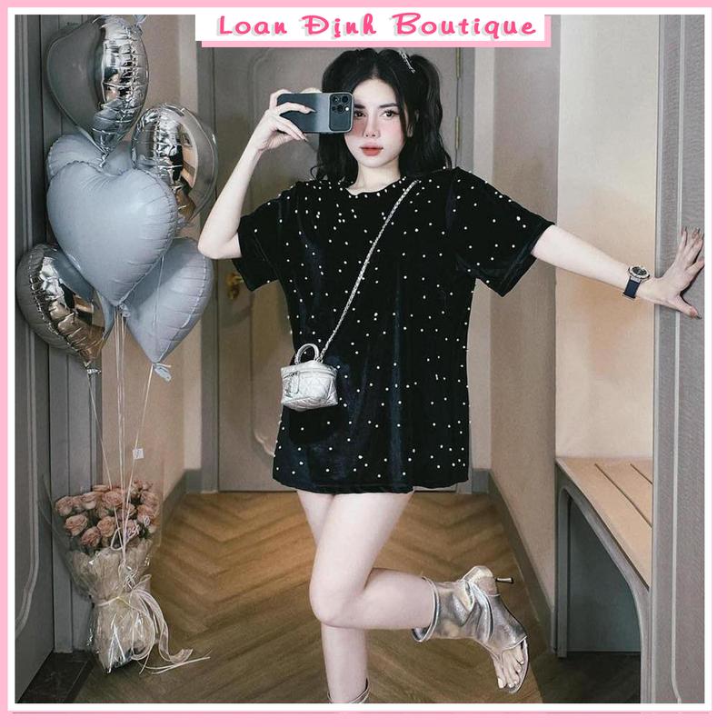 Áo Nhung Đính Đá Cổ Tròn Thụng Giấu Quần Ngắn Tay Áo Kiểu Nữ Thiết Kế Loan Định Boutique LD136 Top Women Thun