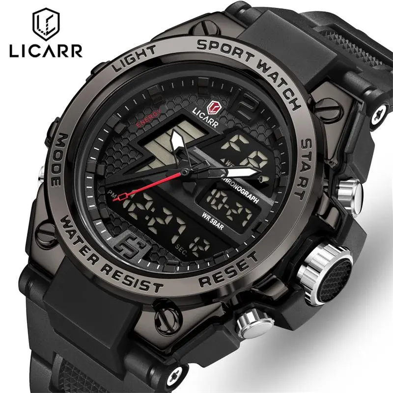 LICARR Jam Tangan Pria Bermerek Jam Tangan Olahraga Kuarsa Kasual Kedap Air Digital Analog Modis Stopwatch 9513