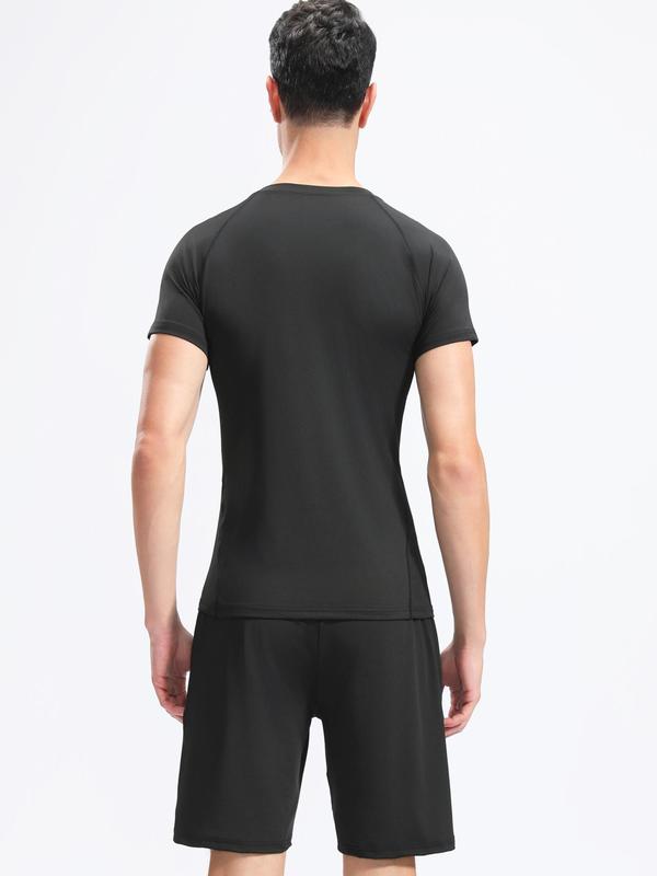 Two-Piece Set Men's Solid Color Sportswear Set, High Stretch Breathable Quick Drying Round Neck Short Sleeve Compression T-shirt & Pocket Design Drawstring Waist Gym Shorts, Casual Sportswear Set for Running Gym Workout 5