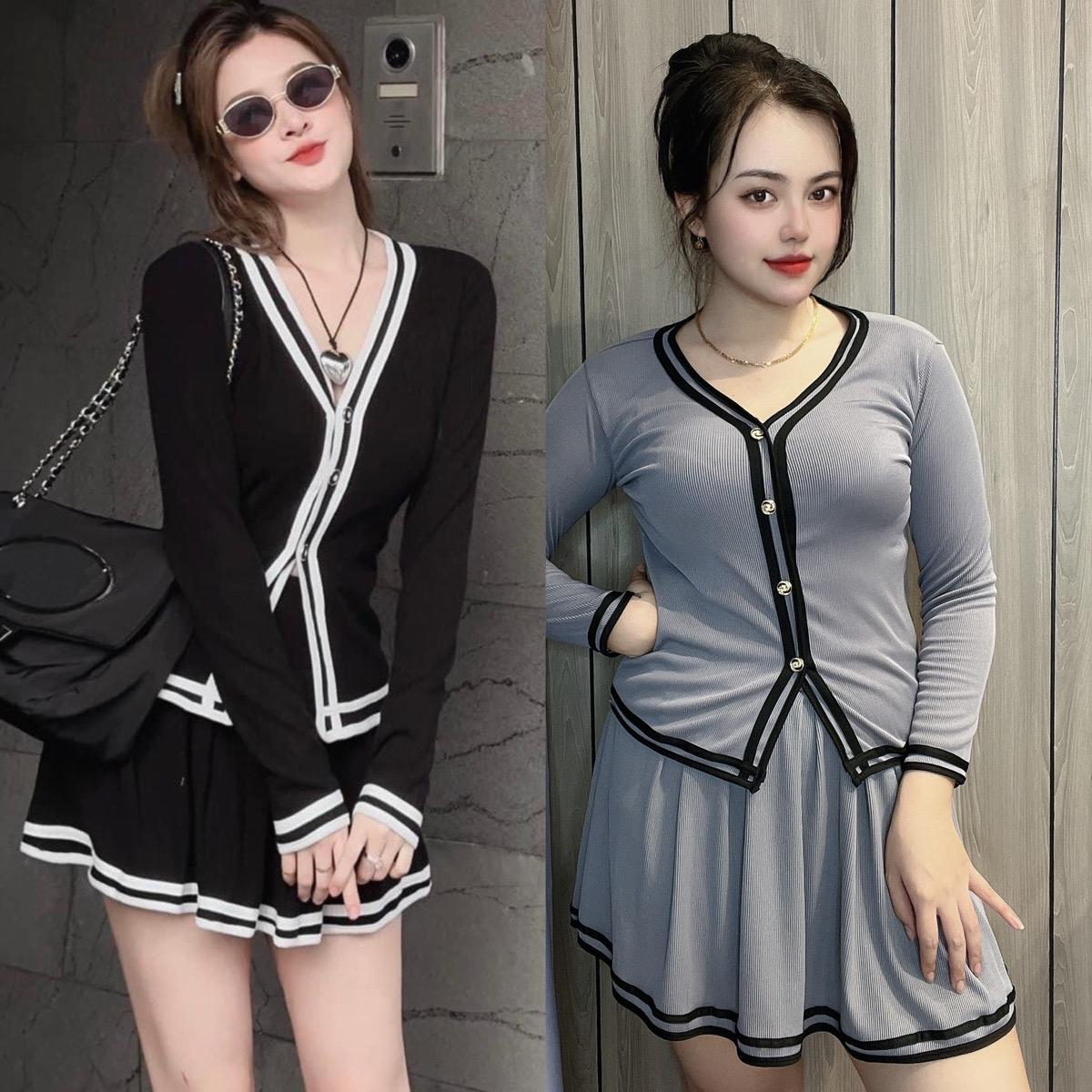 Set Váy Áo Có Lót Quần Trong Vải Thun Tăm Bigsize 50-100kg Top Nữ Polo Đen Women - B.1229
