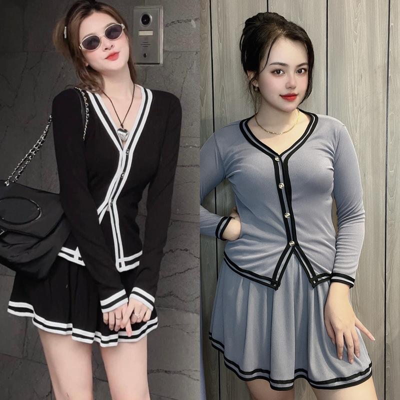 Set Váy Áo Có Lót Quần Trong Vải Thun Tăm Bigsize 50-100kg Top Nữ Polo Đen Women - B.1229