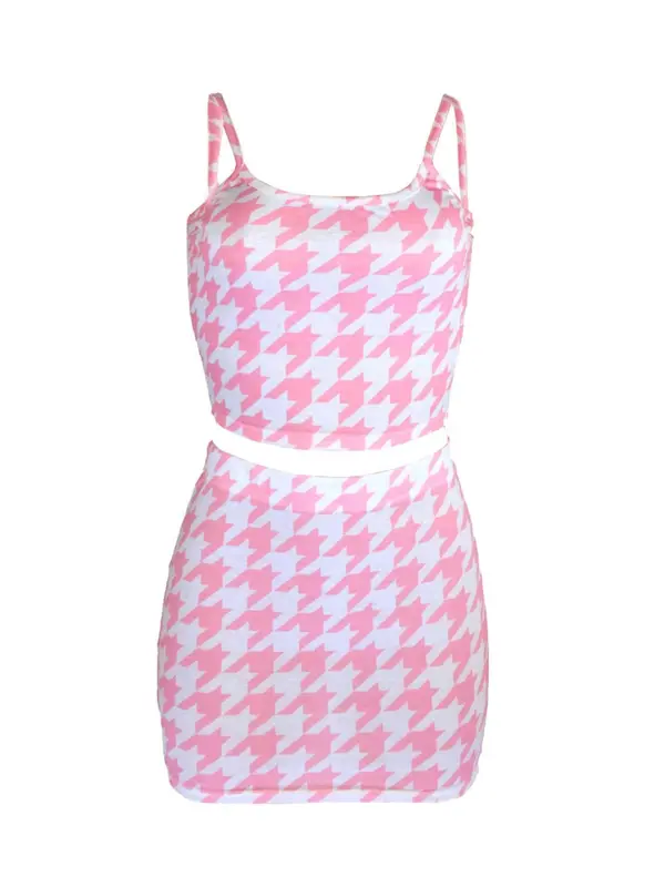 Houndstooth Print Crop Cami Top & High Waist Short Skirt Set, Mean Girls Comfort Printed Spaghetti Strap Crop Top & High Rise Elastic Waist Skirt for Summer 2