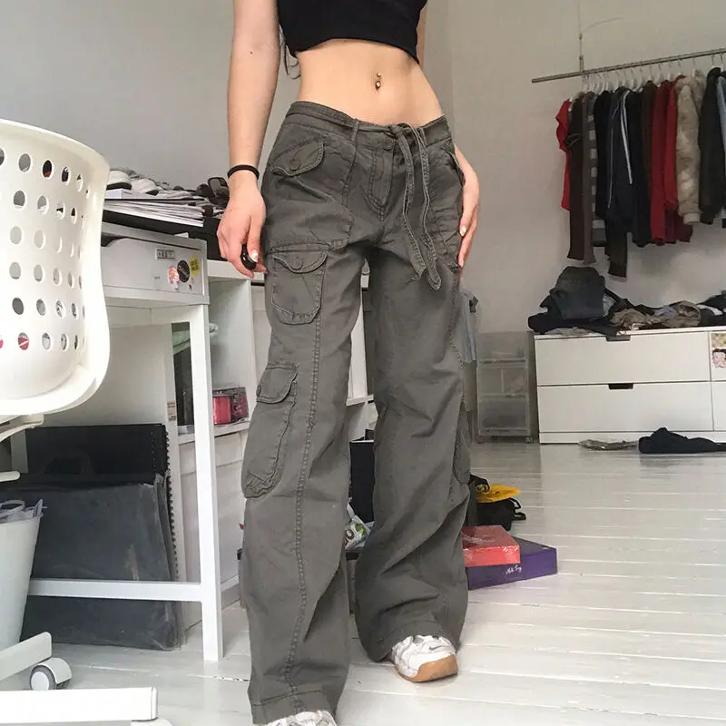 Quần Dài Jean Túi Hộp Phong Cách Harajuku, Túi Lớn, Quần Dài Cổ Điển, Cạp Thấp, Quần Chạy Bộ Grunge, Quần Nỉ Học Thuật Thời Trang, Dành Cho Nữ, Quần