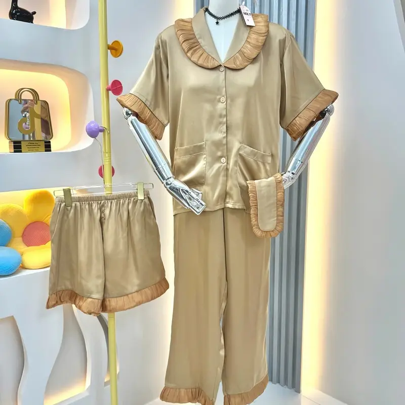 [4 SIZE 40-95KG] PIJAMA LỤA LATIN PHỐI VOAN KIẾNG TAY NGẮN QUẦN DÀI KÈM QUẦN ĐÙI VÀ BỊT MẮT 4