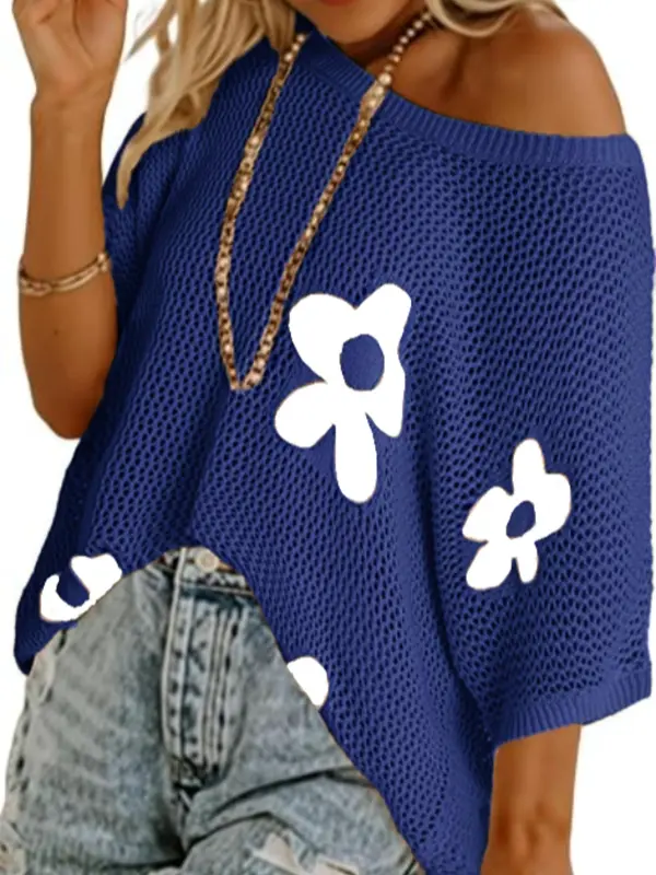 Women's Floral Pattern Crochet Sweater, Casual Half Sleeve Knit Top for Summer, Fashion Women's Knitwear for Daily Wear 4