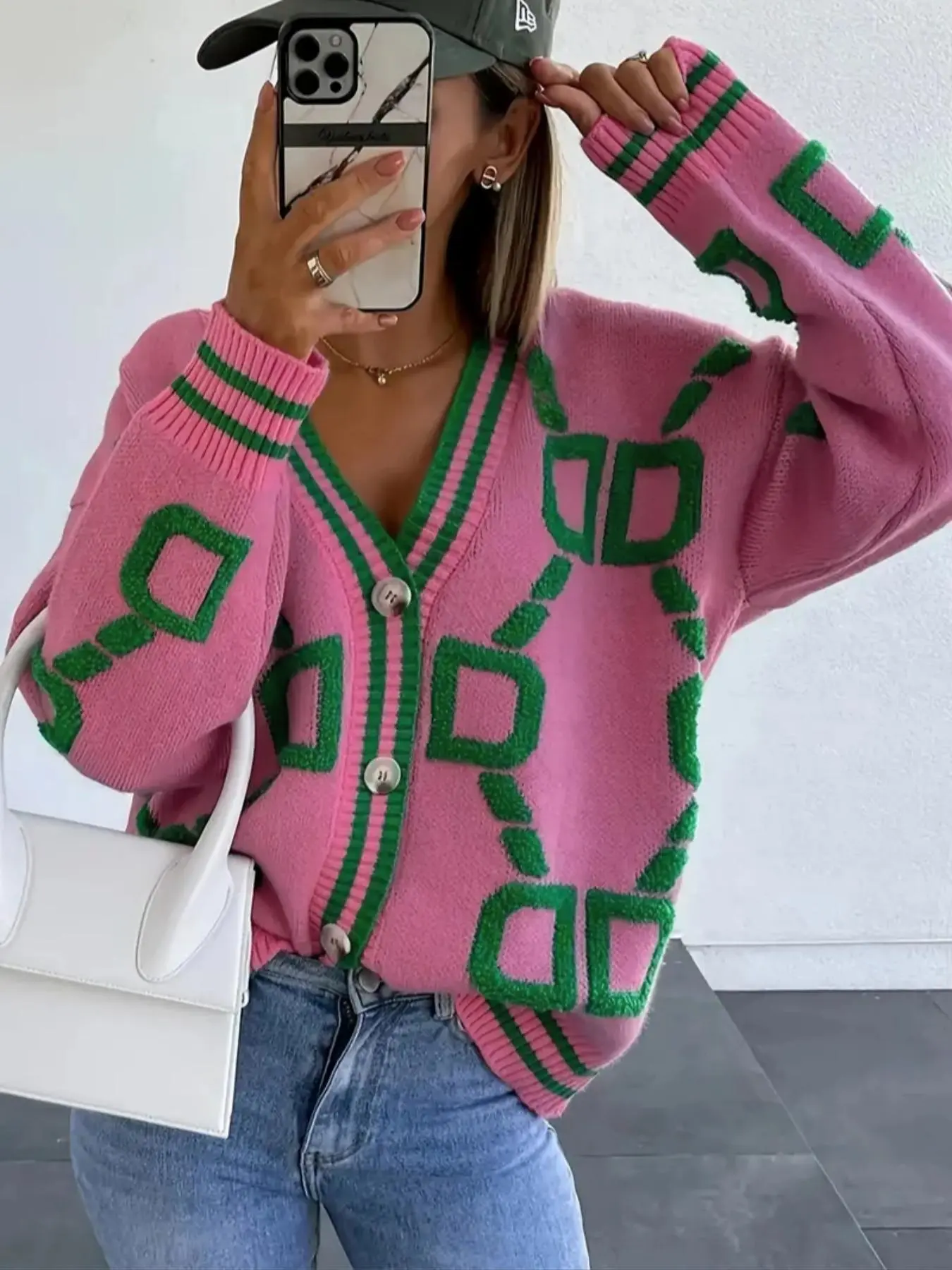 Women's Colorblock Contrast Binding Button Front Cardigan, Casual Drop Shoulder Long Sleeve V Neck Cardigan Sweater for Spring & Fall, Ladies Knitwear for Daily Wear, Workwear, Preppy 80s Clothes