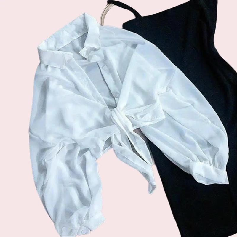 áo sơ mi voan cột eo tay dài phồng  cho nữ chất voan lụa phôm ngắn crop Top Shirt Women