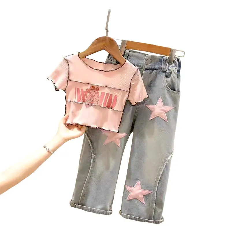 [363728] - Setelan Atasan Baju Crop Top Celana Jeans Fashion Anak Perempuan - Motif Star Wavy