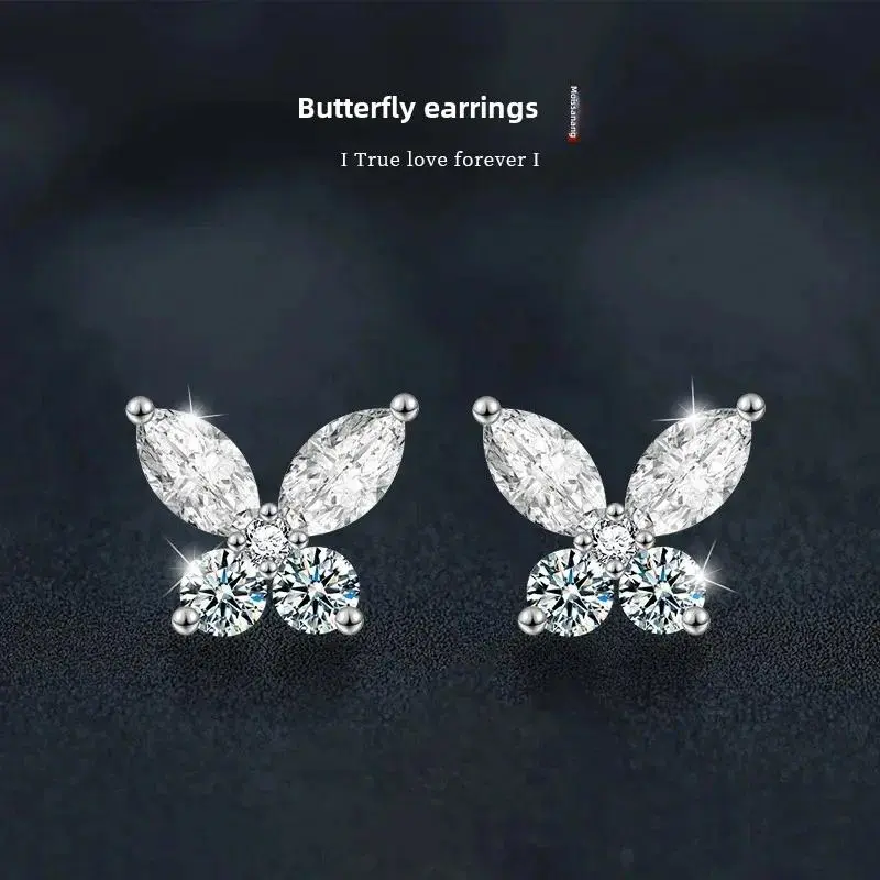 Exquisite Moissanite S925 Silver Butterfly Stud Earrings – Trendy & Elegant
