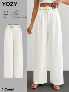 YOZY Women's Solid Plicated Pocket Straight Leg Pants, Casual Comfy Trousers for Daily Wear, Ladies Bottoms for All Seasons