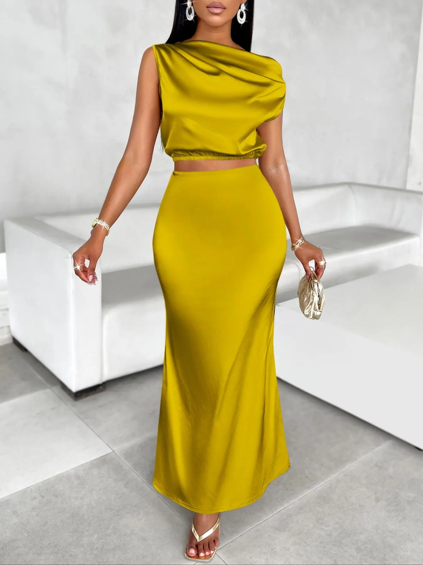 Aliling Women's Solid Color Crop Top & Mermaid Skirt Satin Two-piece Set, Elegant Fashion Casual Top & Skirt for Daily Outdoor Wear, Ladies Outfits for Summer