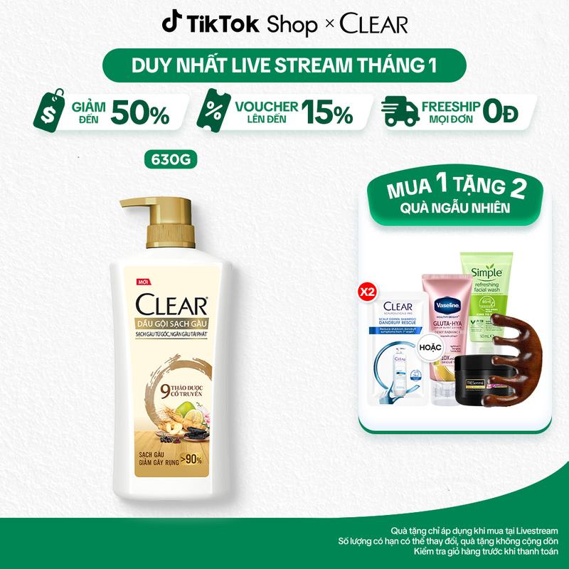   1  Dầu Gội CLEAR 9 Thảo Dược Cổ Truyền Hỗ Trợ Chăm Sóc Tóc Giảm Gãy Rụng - Phù Hợp Cho Mọi Loại Da Đầu 630G 