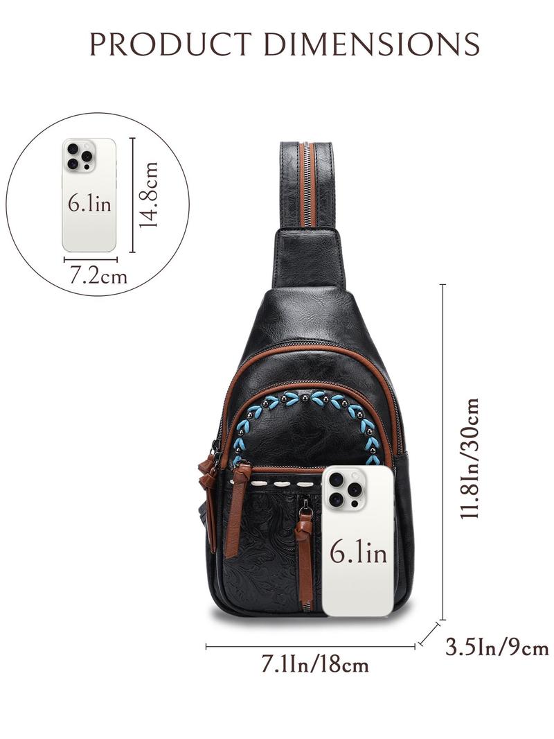Product Introduction of Boho Style PU Leather Chest Bag, Fashionable Floral Pattern Embossed Backpack with Adjustable Strap, Casual Trendy Versatile High-quality Daily Commuting Bag 4