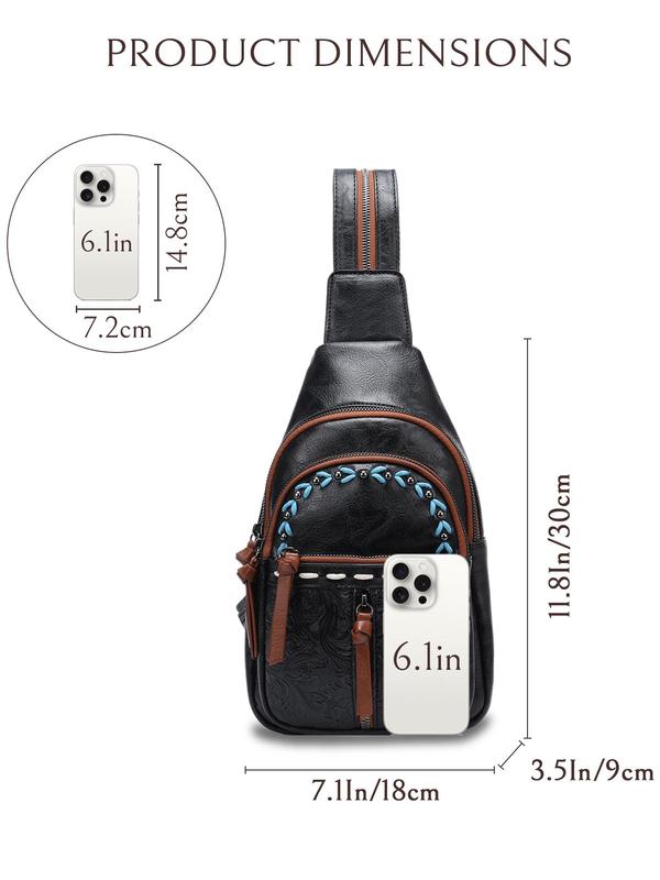 Boho Style PU Leather Chest Bag, Fashionable Floral Pattern Embossed Backpack with Adjustable Strap, Casual Trendy Versatile High-quality Daily Commuting Bag 4
