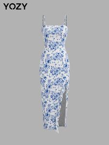 YOZY Women's Floral Print Ruffle Split Thigh Cami Dress, Elegant Sleeveless Midi Dress for Party Holiday Wedding Guest, Ladies Clothes for All Seasons