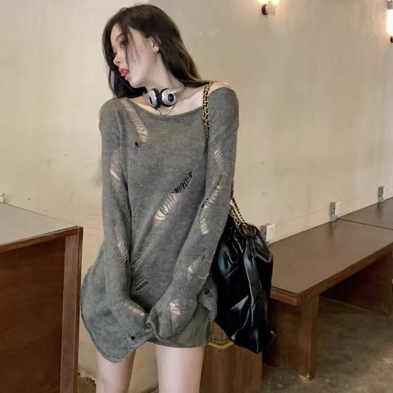 Áo Dệt Kim Mỏng Dáng Rộng Màu Xám Kiểu Mới Cho Nữ ，Áo Thun Dệt Kimphong cách phong cách Wasteland cổ điển Lỗ vỡ 56145 9