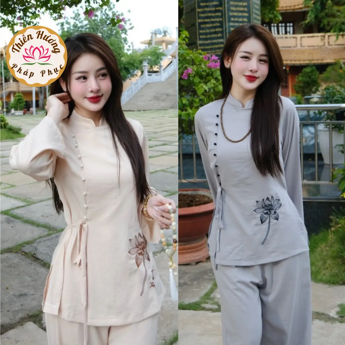 Pháp phục đi chùa cổ tàu dài tay vải đũi Đồ bộ đi chùa cúc chéo thêu hoa Đồ lam nữ  đũi mềm đi lễ tu tập
