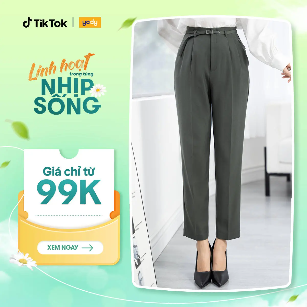 [ Flash sale ] YODY Quần Âu Nữ Công Sở Lưng Cao Relax Pants Co Giãn Tốt QAN6224