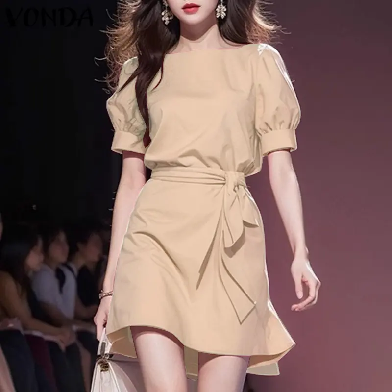 Váy Chữ A, VONDA, Phong Cách Ladylike Nữ, Cổ Tròn, Buộc Dây, Tay Phồng, Màu Trơn Váy Mini, Thiết Kế Hoa Hàn Quốc 1