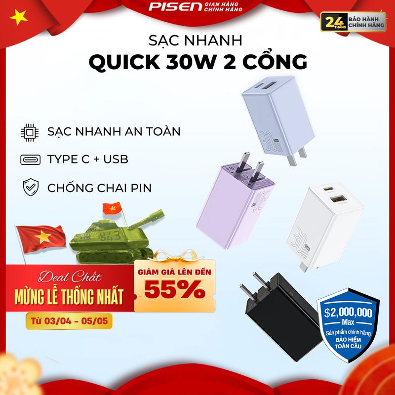 [PISEN] Sạc Nhanh 2 Cổng Chống Chai Pin | Thiết Kế Nhỏ Gọn, Chân Gập, Hỗ Trợ Tương Thích Ngược, Phù Hợp Với Tất Cả Các Dòng Android/IOS | PISEN QUICK - 30W 1C1A GaN | TS-C185 | Bảo Hành 18 Tháng | Bảo Hiểm 2 Triệu Đô Toàn Cầu