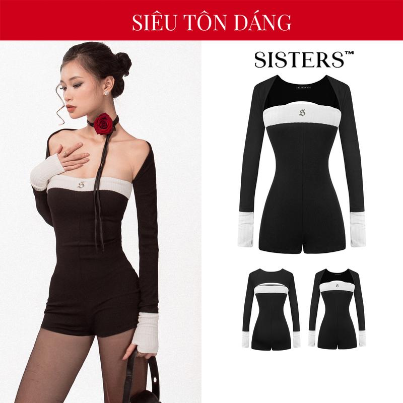 Jumpsuit nữ cúp ngực kèm áo khoác SISTERS màu đen phối trắng dáng ngắn chất thun gân ôm sát cơ thể Russie | SS24-J8