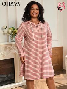 CURVZY Plus Size Striped Print Button Front Drawstring Hooded Dress, Casual Long Sleeve Ribbed Dress for Summer & Autumn, Women's Plus Size Clothing for Daily Wear