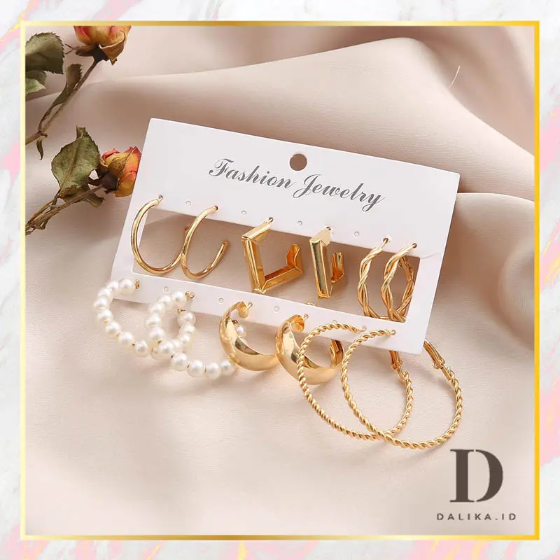 Anting Set Mutiara Tusuk 6 Set Korea Hoop Persegi Geometris untuk Wanita