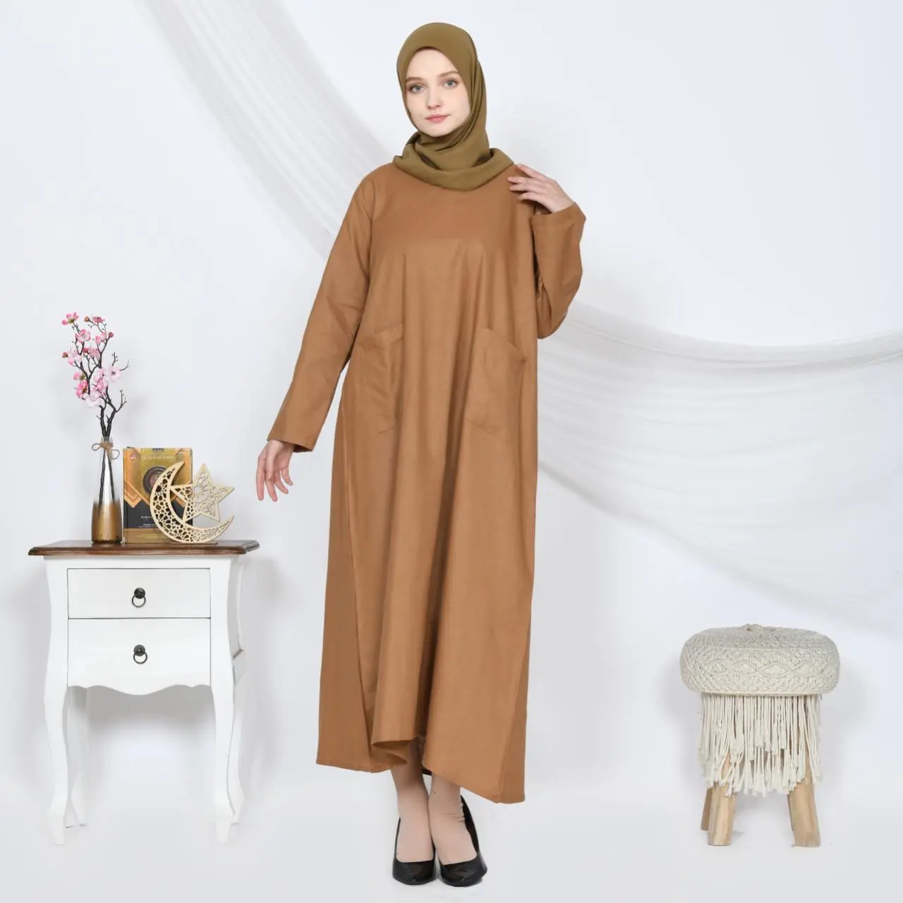 Sandra Midi Dres Gamis Polos Maxi Dres  bahan katun Linen Muslim Wanita