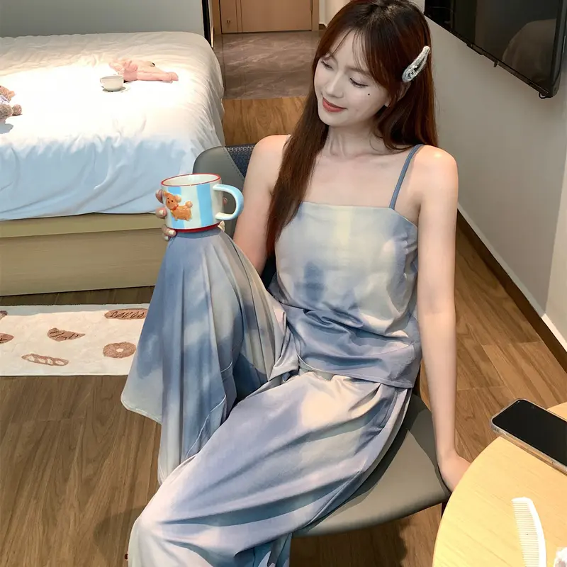 Bộ Đồ Ngủ Dây Đeo Có Đệm Phong Cách Trung Quốc Cho Nữ, Bộ Sưu Tập Mùa Hè, Quần Dài Mực Cao Cấp, Thích Hợp Mặc Nhà, Hàng Mới Về Năm 2024 Cạp Cao Áo 3