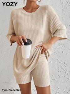 YOZY Baggy Ribbed Drop Shoulder Tee & Solid Skinny Shorts, Strechy Round Neck Short Sleeve T-shirt & Cozy Elastic Waist Shorts Matching Set, Women's Daily Wear for Summer