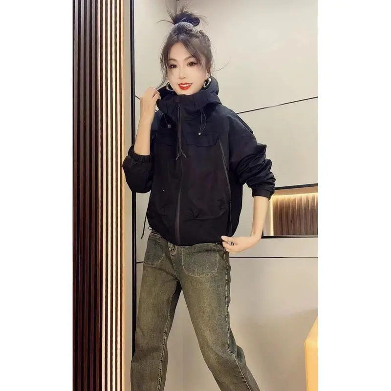 Áo Khoác Cotton, Phong Cách Hàn Quốc, Dáng Rộng Rãi Và Thường Ngày, Có Mũ Trùm Đầu, Túi Lớn, Khóa Kéo, Dành Cho Nữ Công Nhân, Áo Khoác Gió, Hàng Mới Về Năm 2025 1