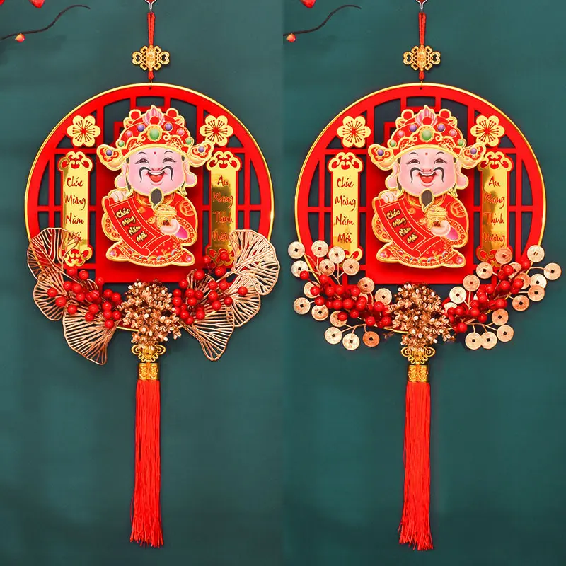 (SIZE ĐẠI 38cm) Ông Thần Tài Lắc Đầu Treo Cửa , Vòng Treo Tường Tết 2025, dải decor trang trí hút tài lộc may mắn Decor phòng khách ( Tặng Đèn Led )