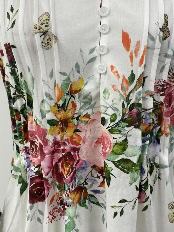 Women's Floral Print Button Front Peplum Tee, Elegant Flounce Sleeve Round Neck Top for Spring & Summer, Women's Clothing for Daily Wear, Summer Clothes for Lady, Womenswear for Summer 3