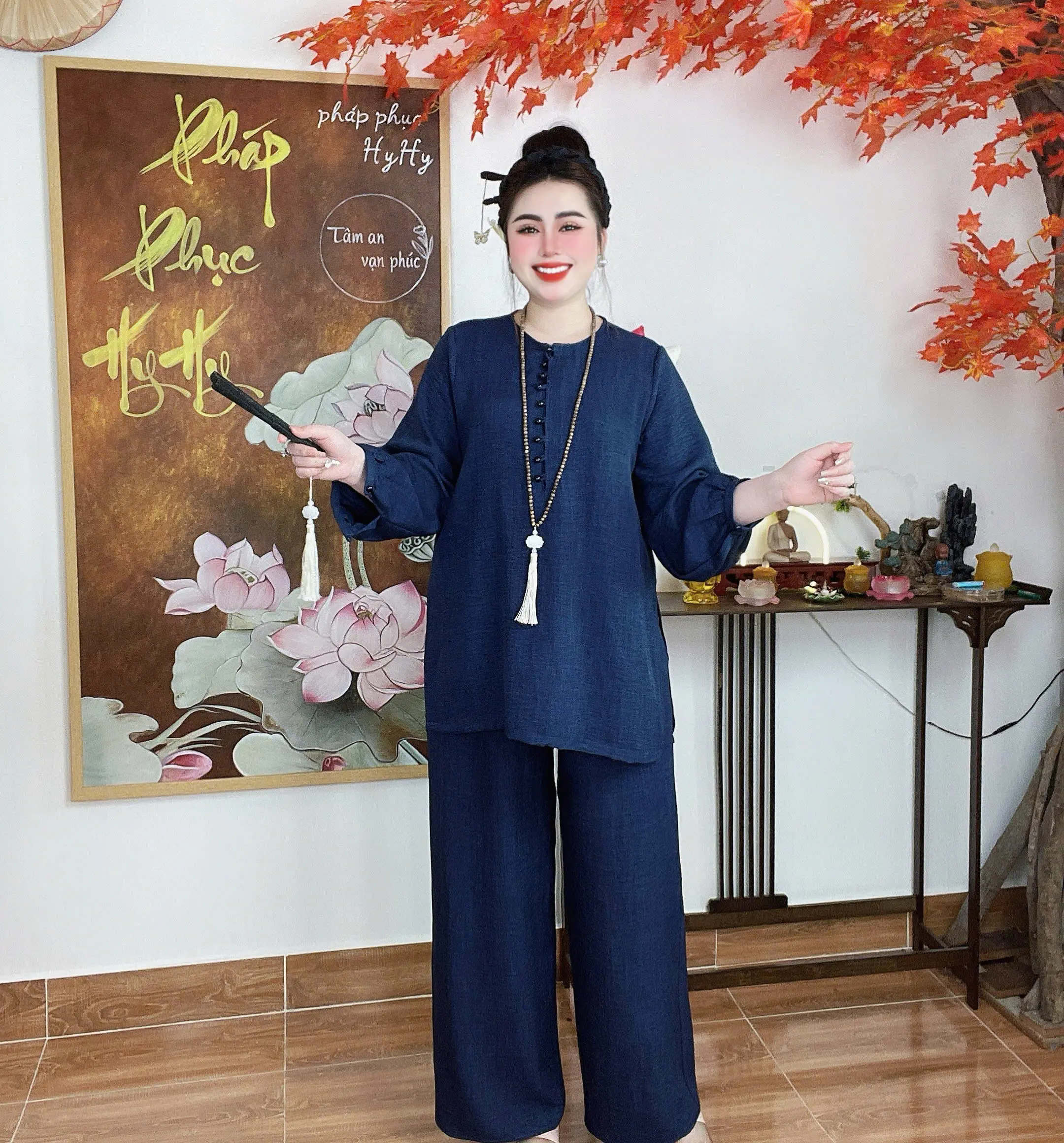 Quế Linh - Bộ Pháp Phục Lễ Chùa Nữ Big Size Cổ Tròn Tay Dài Đính Nút-HyHy