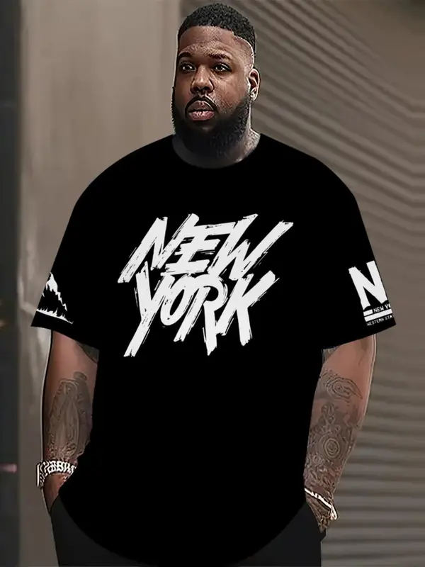 Plus Size Men's Letter 3D Printed Round Neck Tee, Regular Fit Casual Comfy Short Sleeve Crew Neck T-shirt for Daily Wear, Fashion Men's Plus Size Clothing for All Seasons 0