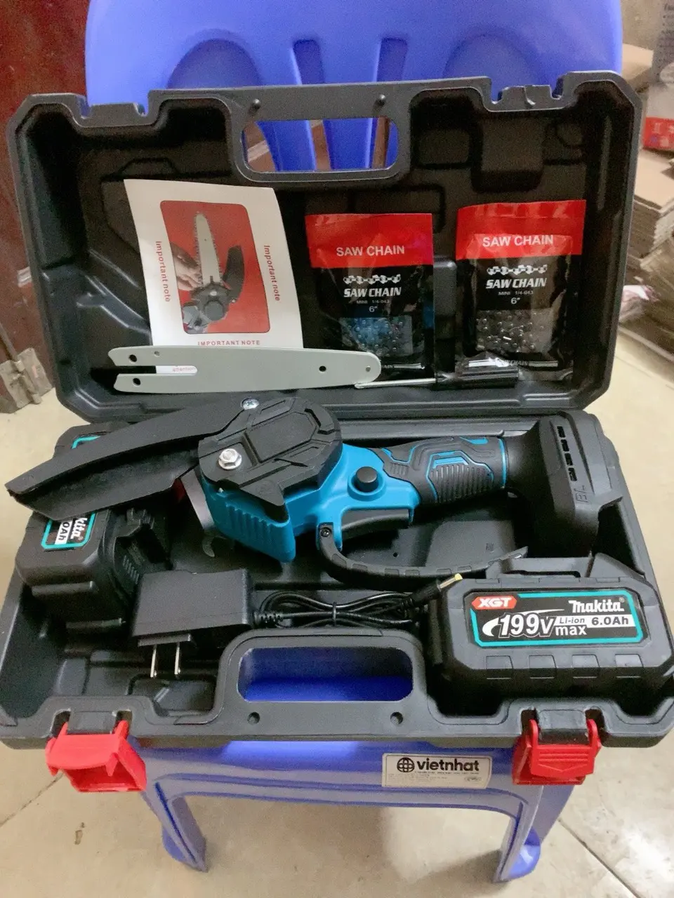 Máy cưa xích Makita 2 PIN 199V, máy cưa xích cầm tay mini makita Lam xích dài 18cm