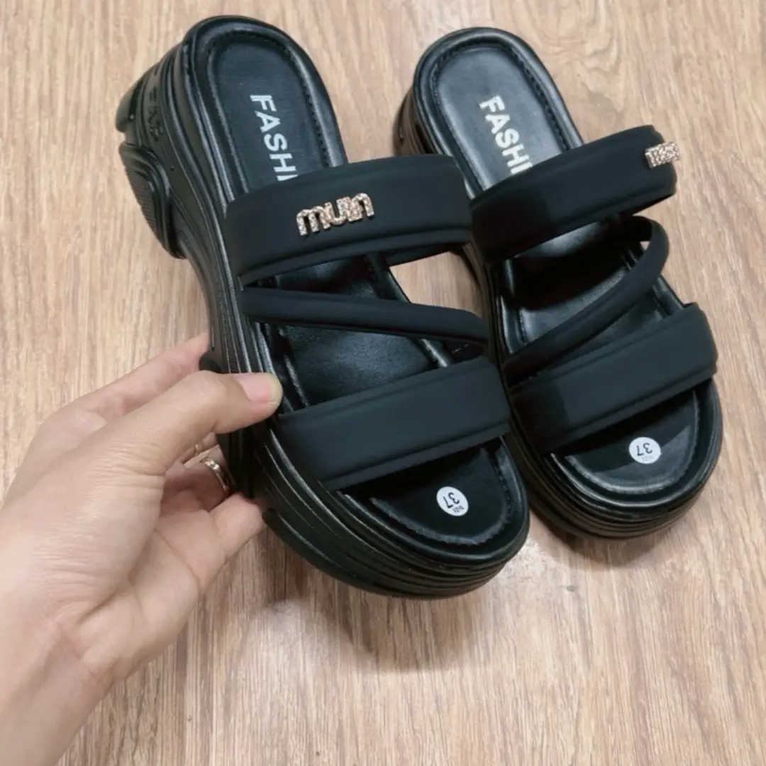 Giày dép nữ 3 quai đế xuồng 5cm tăng chiều cao DéP Shoes - Đen/Nâu Caphe - Kích cỡ 35-39 - Slipper, Nhung, Cao Su