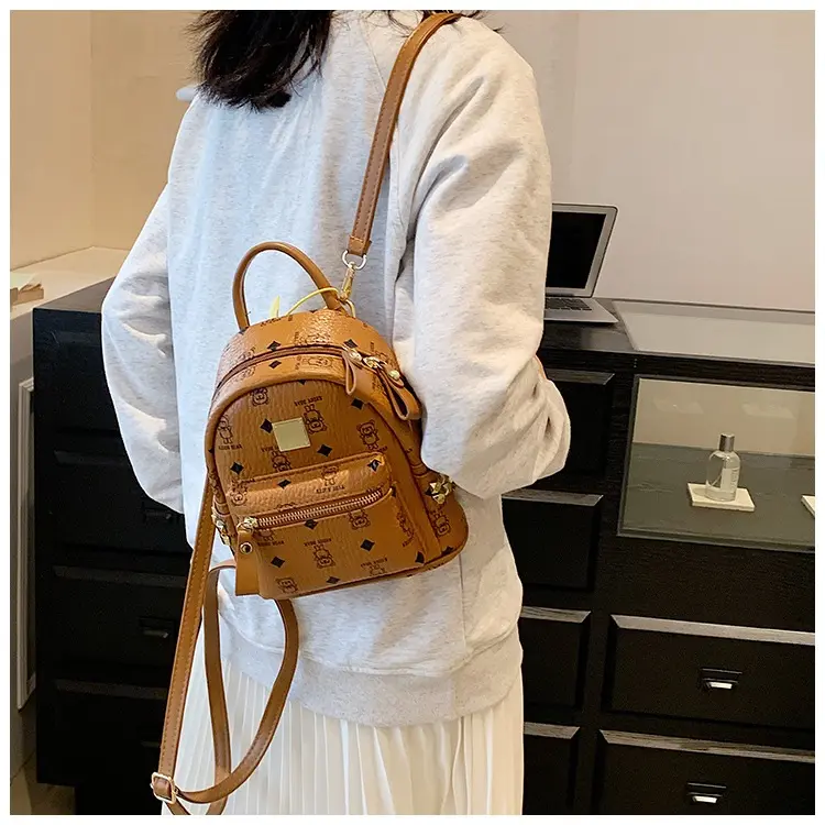 Balo unisex balo nam nữ chất liệu da in chú gấu hai size lớn nhỏ LK508 8