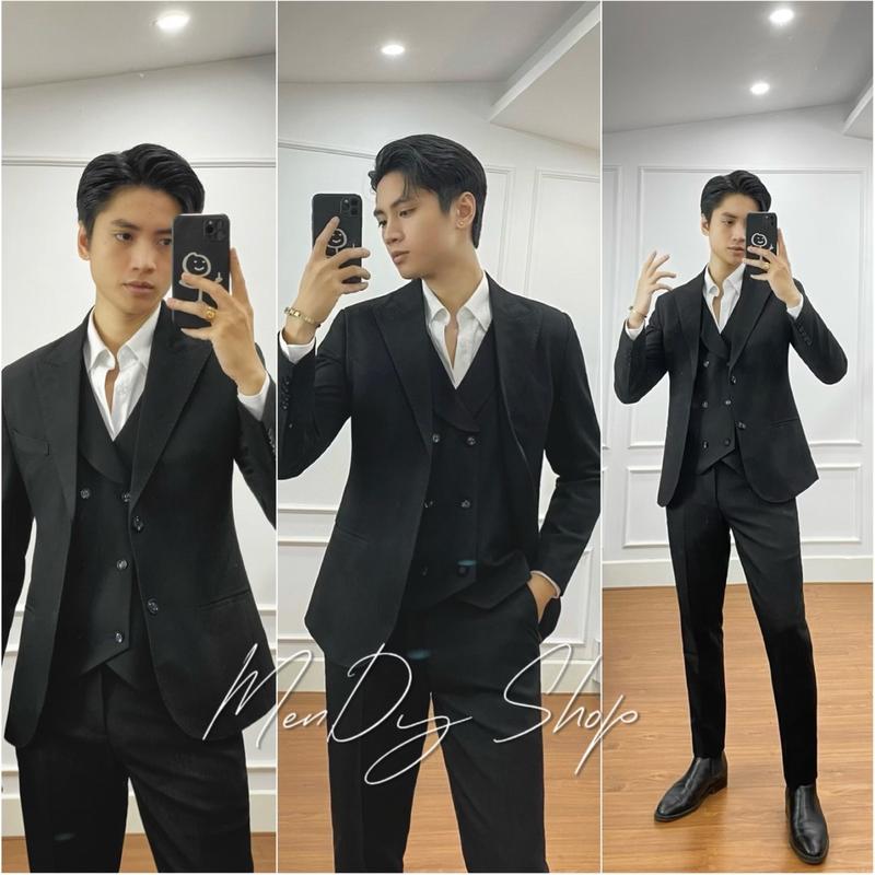 Bộ suit 3 mảnh ( Áo khoác + áo ghile + quần ) vải cotton Amos - áo vest nam, bộ vest nam, áo blazer nam Menswear trousers namđẹp