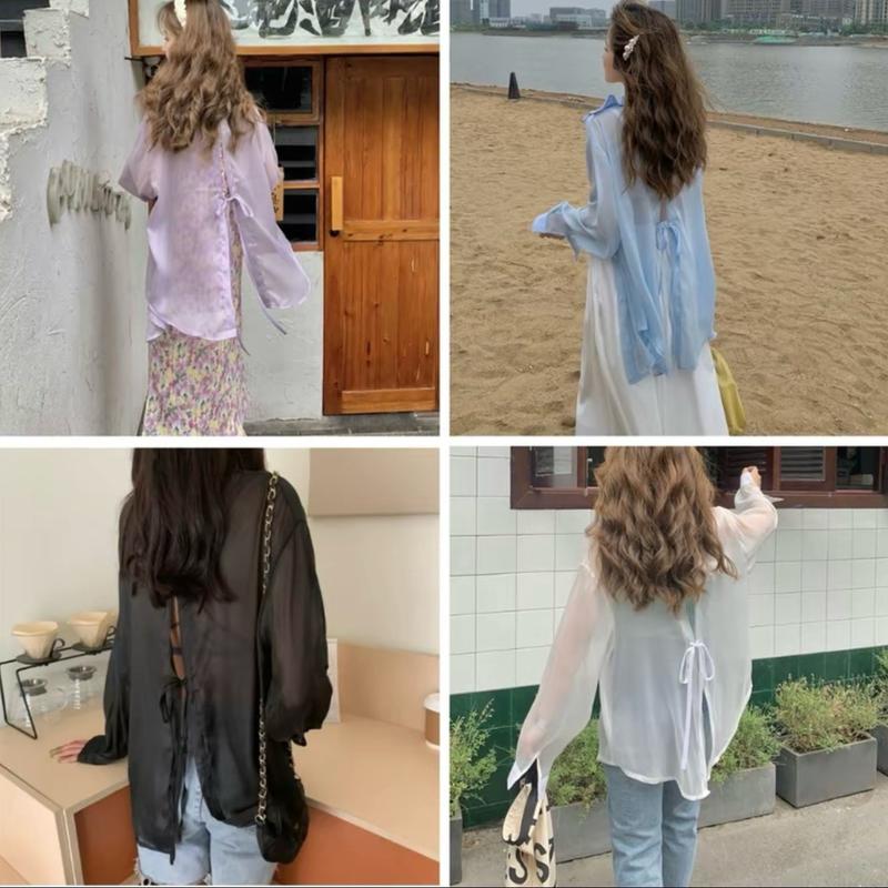 (Không kèm áo 2 day ) áo sơ mi voan tơ mỏng Sẻ Lưng . Áo khoác voan tơ xuyên thấu Top Nữ