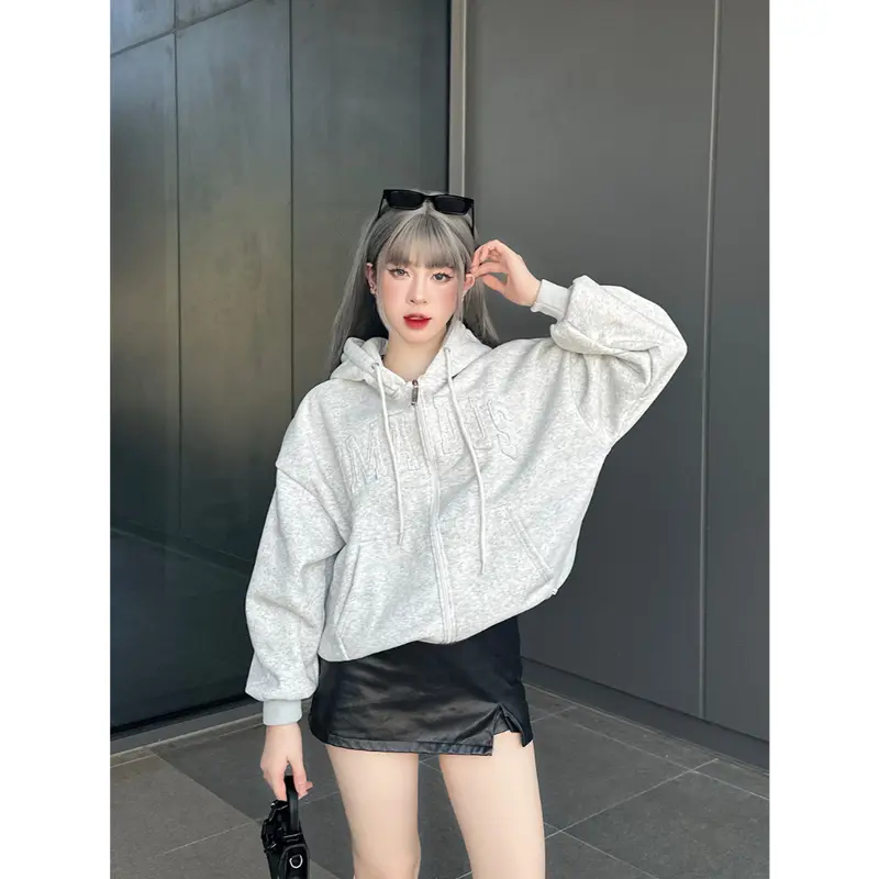 Áo Hoodie Có Khóa Kéo Có Mũ Trùm Đầu, Thiết Kế Mèo Boxy amadus, Dành Cho Nam Và Nữ, Thêu Nhiều Màu, Tay Phồng 1