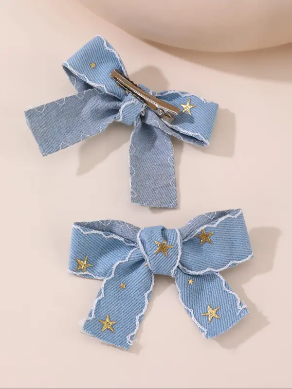 Cute Star Pattern Hair Bows, Denim Hair Bows, Fashionable Hair Accessories for Girls, Minimalist Headwear Suitable for Thick Hair 2