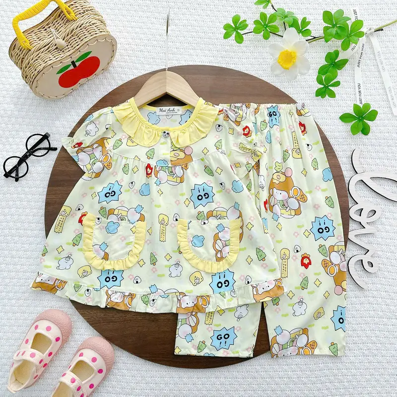 [9-42kg] Tay ngắn quần dài bèo màu bé gái, tole/lanh hàng thiết kế, đồ bộ bé gái, đồ dài mặc nhà cho bé siêu xinh, dễ thương đồ ngủ 1