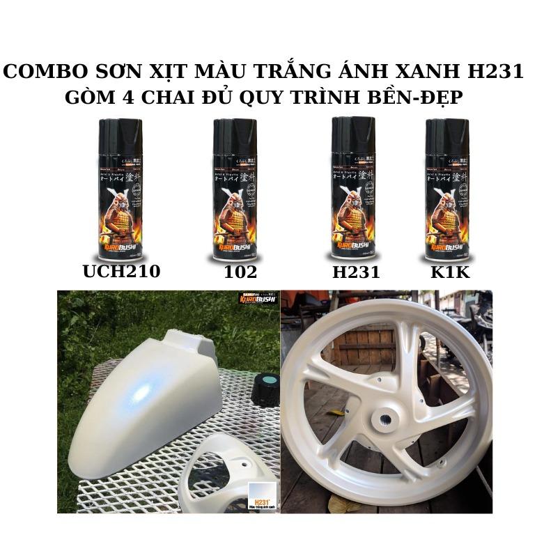 combo sơn xịt màu trắng ánh xanh H231 samurai gồm 4 chai lót uch210 nền trắng 102 màu h231 bóng k1k