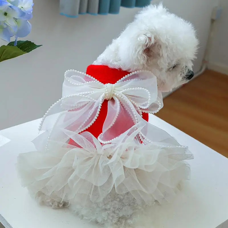 Bowknot Design Colorblock Pet Tulle Dress, Winter Tutu for Small Dogs Dress Up, Warm Fashion Jacket Fleeced Pomeranian Maltese Princess Tulle Dress, Party Pet Costume