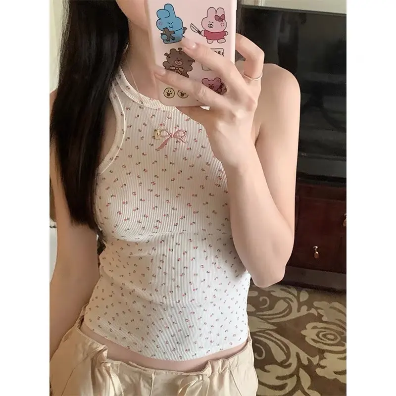 Áo ba lỗ in hoa nhí thêu nơ ôm body 1