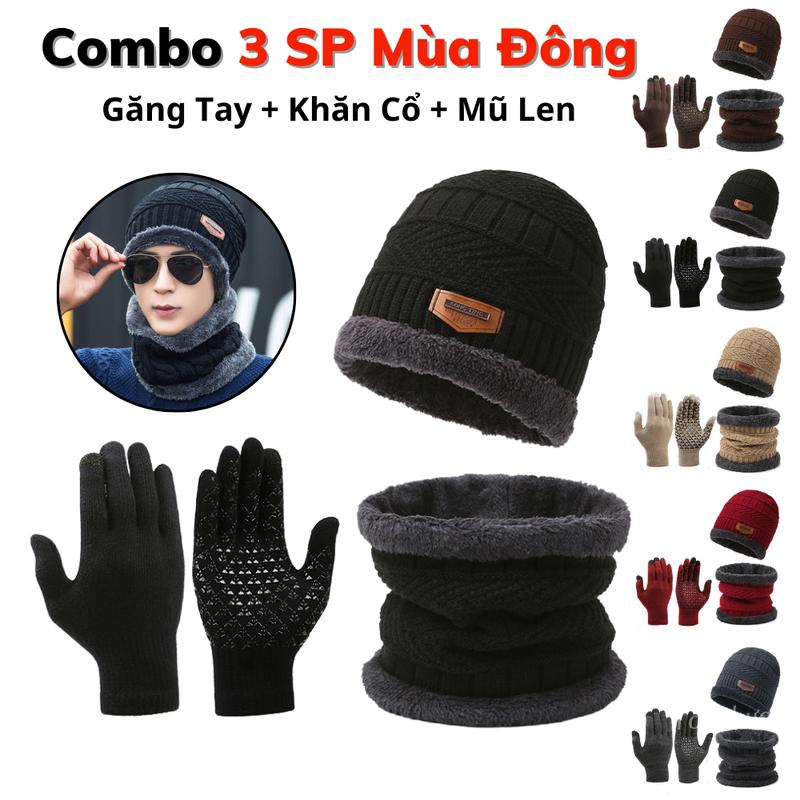 Găng tay len kèm Khăn len và Mũ trùm đầu len lót lông cao cấp - Giữ ấm mùa đông nam nữ