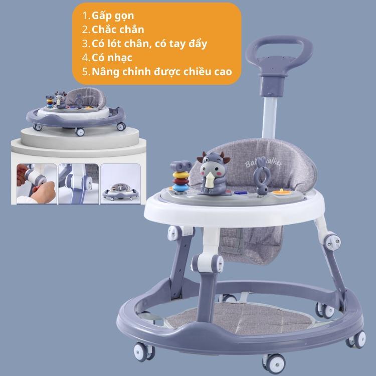 xe tròn tập đi cho bé gấp gọn chắc chắn có tay đẩy lót chân có nhạc nâng chỉnh được chiều cao baby walker xe tron